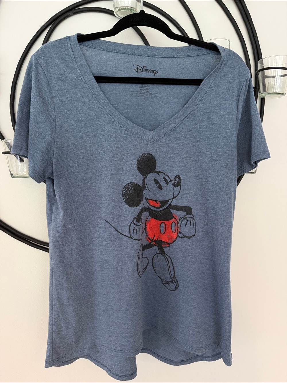 Disney Blue V-Neck T-Shirt with Mickey Graphic and Red Shorts